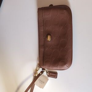 Coach Brown logo embossed leather wristlet NTW